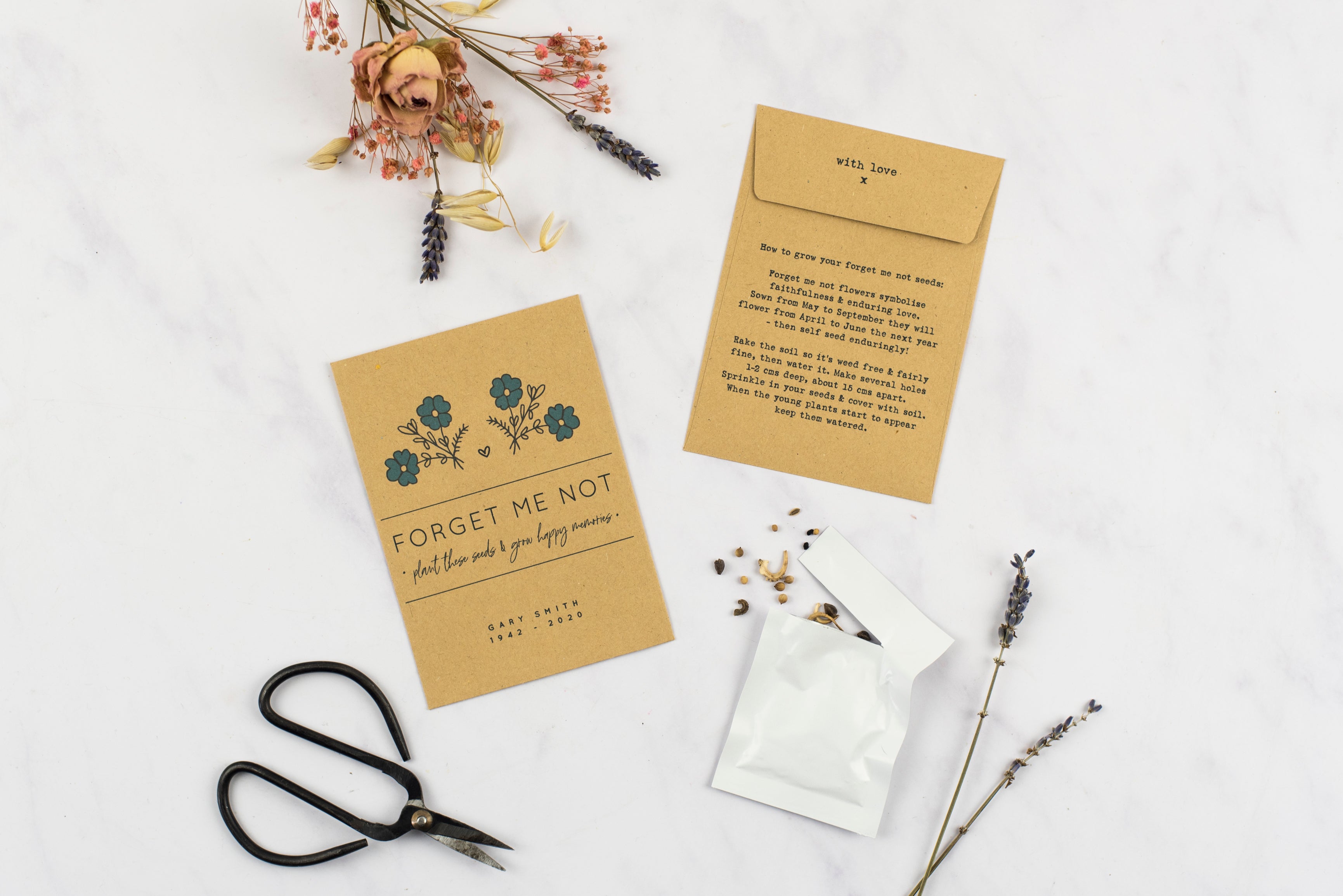 Personalised Funeral Forget Me Not Seed Packets Favour Flowers 