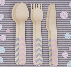 Pink & Grey Chevron Wooden Cutlery Set