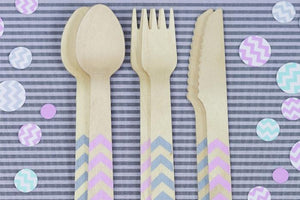 Pink & Grey Chevron Wooden Cutlery Set